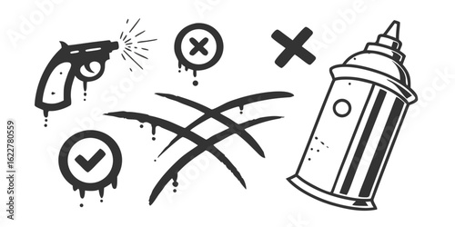 Graffiti style icons including a gun spray can checkmark and x marks