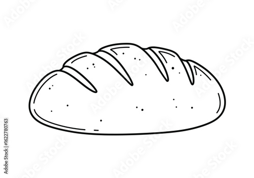 Bread drawing. It is a black and white outline of a loaf of bread or baked good, showing slashes on its crust. Vector sketch line art draw.