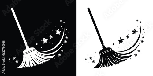 A magical broom sweeping stars and sparkles in a dynamic black and white graphic illustration, symbolizing cleanliness and enchantment