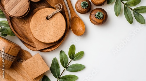 Wallpaper Mural Assorted wooden items on white surface, featuring coasters, trays, a spoon, and plants Torontodigital.ca