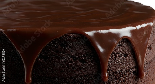 A close up of a chocolate cake with chocolate icing isolated on white background.