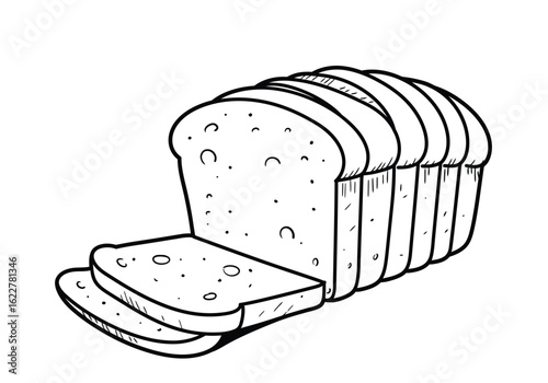 Sliced bread drawing. It is a black and white outline of a sliced bread loaf or baked good, showing individual slices ready for consumption. Vector sketch line art draw.