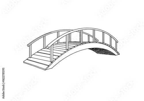 Wooden bridge drawing. It is a black and white outline of a wooden bridge or garden archway, showing its planks and railings. Vector sketch line art draw.