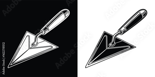 A black and white illustration of a trowel, a versatile tool used in gardening and construction, depicted in both positive and negative formats for design applications