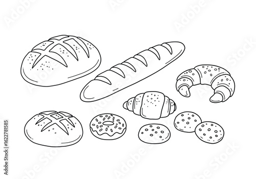 Bread and pastry drawing. It is a black and white outline of various baked goods like bread, croissants, donuts, and cookies. Vector sketch line art draw.