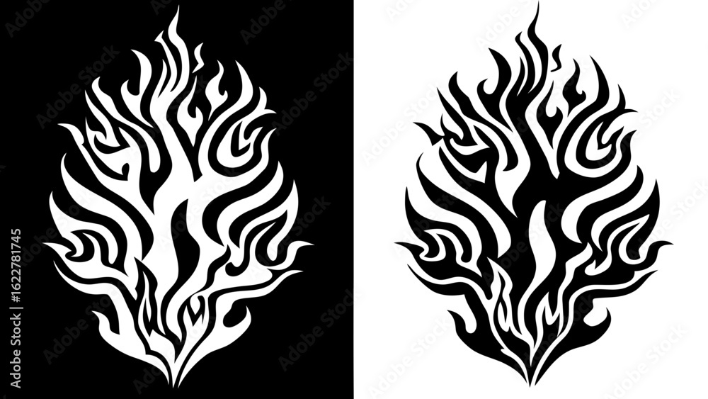 Obraz premium Abstract Flame Design Black and White Tribal Fire Illustration