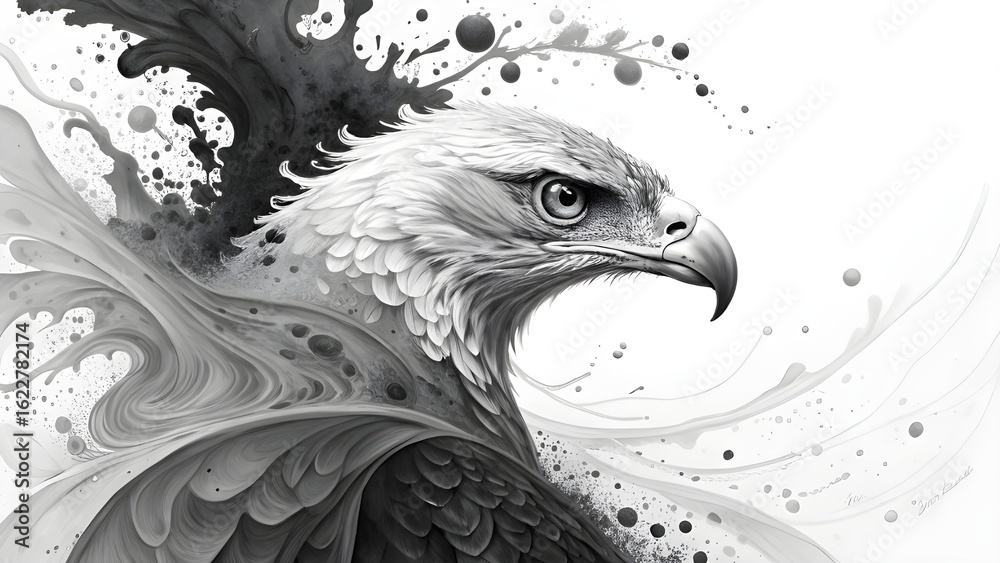 Fototapeta premium Majestic bald eagle head in dynamic black and white watercolor splash art