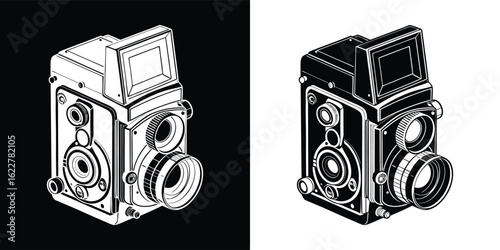 Vintage twinlens reflex camera illustration in monochrome, a classic piece of photography equipment, isolated on black and white backgrounds