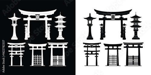 Collection of japanese shinto shrine gates and lanterns in silhouette, presented in both black on white and white on black for versatile design use