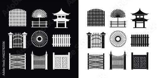 Collection of fences, gates, and asian architectural elements including a pagoda and trees, isolated on white background