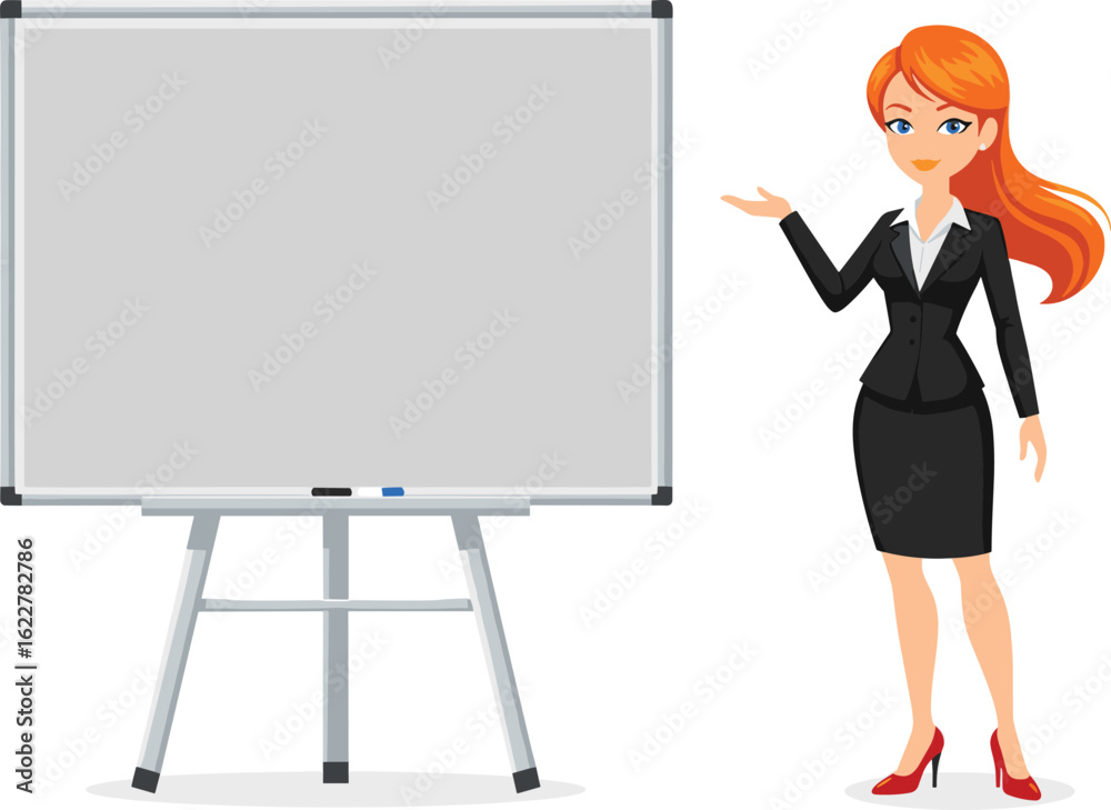 Cartoon businesswoman presenting near whiteboard, professional female speaker in black suit, training or seminar presentation concept on white background Cartoon businesswoman presenting near whiteboard, professional female speaker in black suit, training or seminar presentation concept on white background