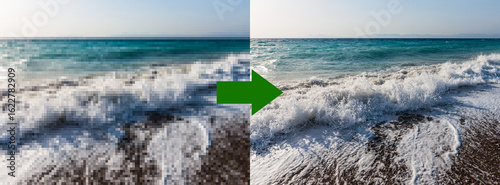 Concept of AI image upscaling restoration technology - pixelated picture of a wave on the beach on the left, and the the enhanced (restored) version on the right