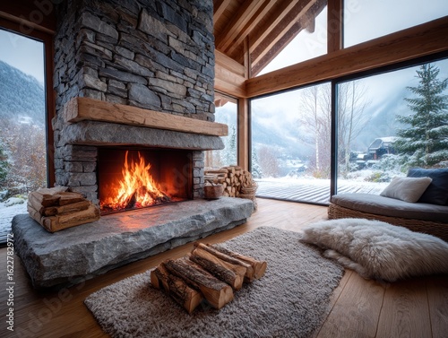 Cozy fireplace in a snowy mountain chalet