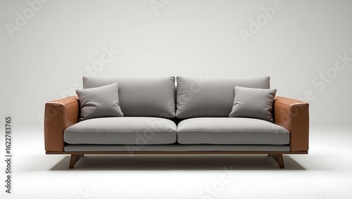 Modern two seater sofa in gray fabric with leather armrests and wooden legs isolated on a white background studio shot