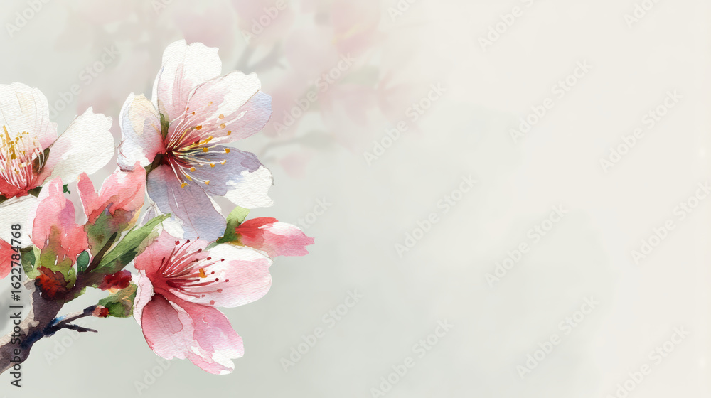 Obraz premium Soft pink cherry blossom flowers with delicate petals and green