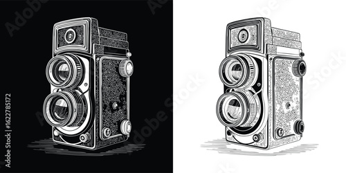 Vintage twin lens reflex camera in black and white illustration, isolated on white background