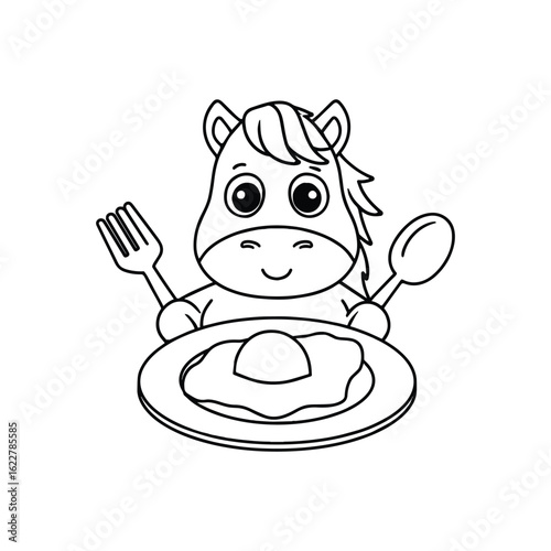 Horse dining on an omelette served with fork and spoon
