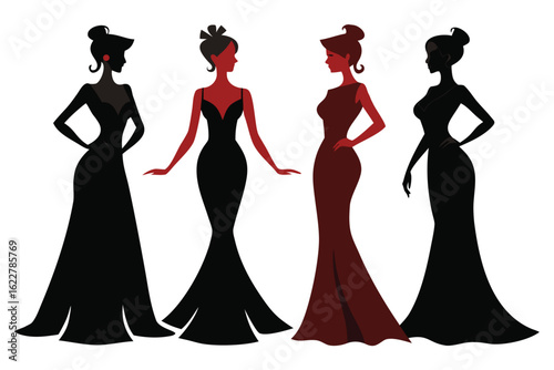 Elegant Silhouette Women in Gowns Black and Red Fashion Illustration Art