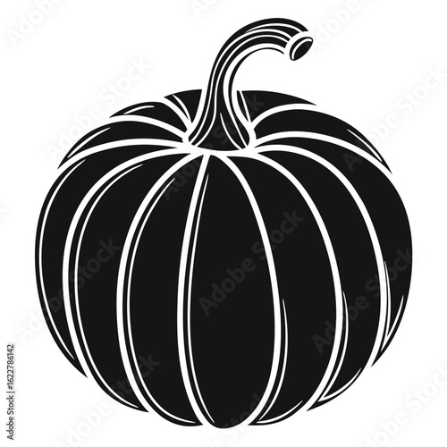 Black Silhouette of a Ripe Pumpkin with Detailed Ribbing and Stem white background autumn
