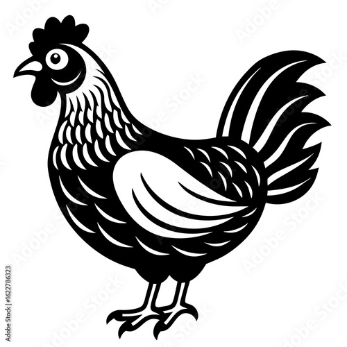 Stylized Black and White Rooster Illustration.
