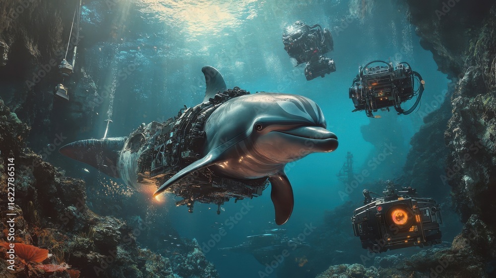 Fototapeta premium A cybernetic dolphin swims among underwater vehicles