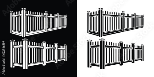 Wooden picket fence in perspective, black and white illustration, isolated on white background
