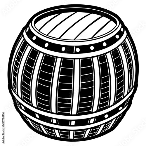 Stylized Black and White Wooden Barrel Illustration.