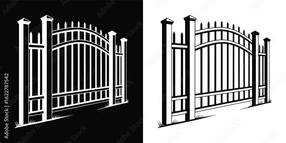 Obraz premium Classic metal fence with an arched gate, featuring decorative wrought iron design for elegant property access and security