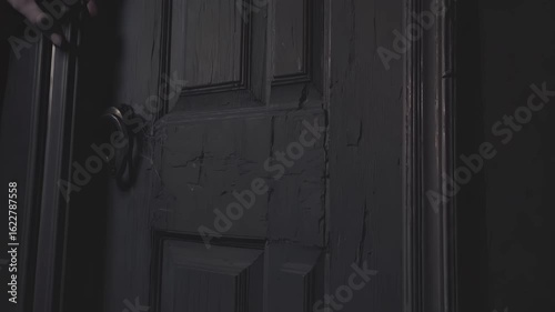 A dark, weathered wooden door with a vintage doorknob. The door is slightly ajar, hinting at a mysterious interior. The scene evokes a Halloween atmosphere.