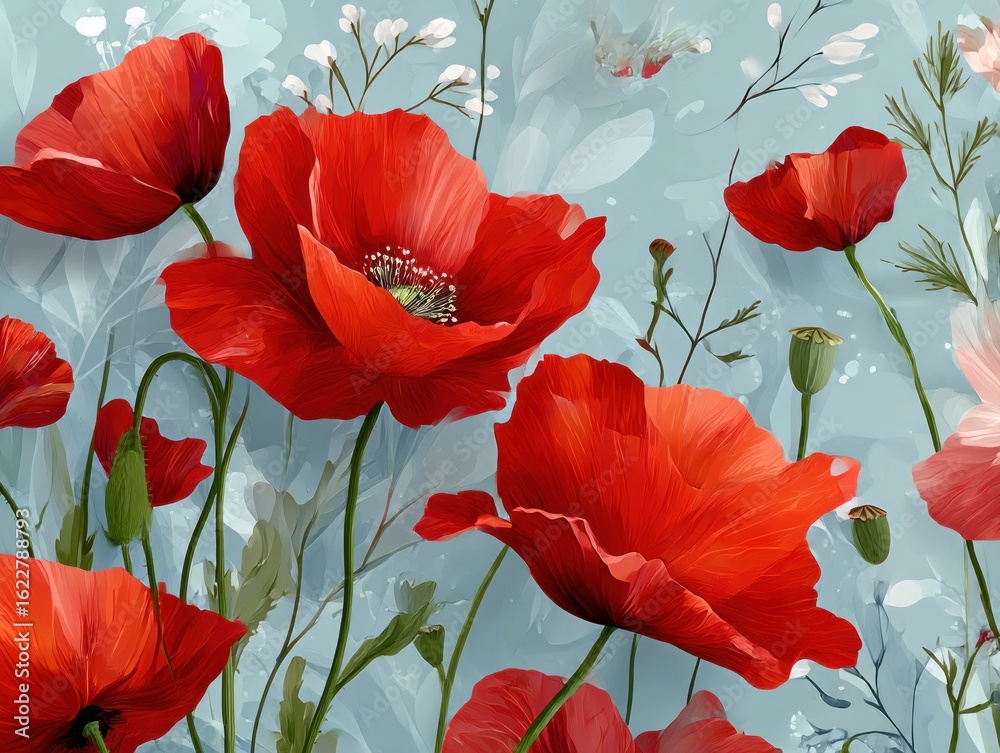 Naklejka premium Vibrant red poppies on a light blue background