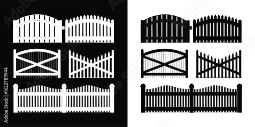 Collection of various wooden fence and gate designs, isolated on white background