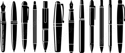 Assorted writing instruments black silhouette collection pens writing tools