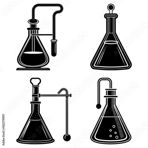 Illustration of four black and white conical flasks with different attachments and liquid levels