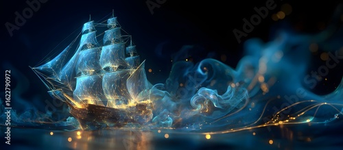 Glowing ethereal sailing ship on dark ocean at night