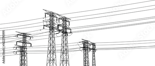 Electric power transmission towers with multiple high voltage lines, steel utility pylons used in grid infrastructure and energy distribution systems