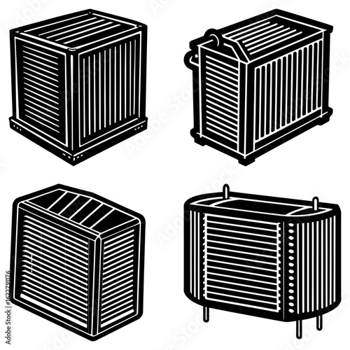 Various black and white illustrations of rectangular and rounded radiator like structures in a grid