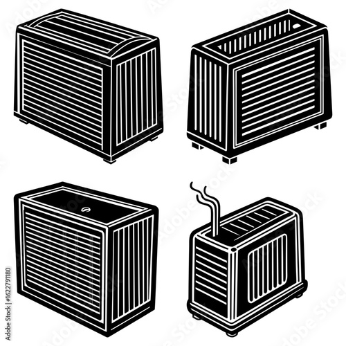 Illustration of four different black and white rectangular boxes with horizontal line patterns on them