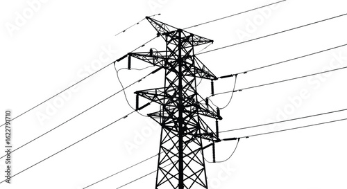 High voltage power transmission tower with tension wires, steel lattice structure, electric utility pylon silhouette for energy infrastructure and electricity grid