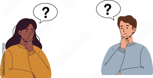 Man and woman thinking with question mark bubbles, confusion illustration, problem solving, decision making, cartoon vector, flat modern concept