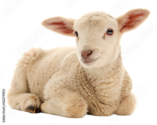 A fluffy white lamb lying down with its ears perked up against a black isolated background image