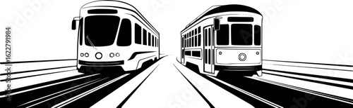 Black and white graphic illustration of two trams on tracks streetcar public transportation