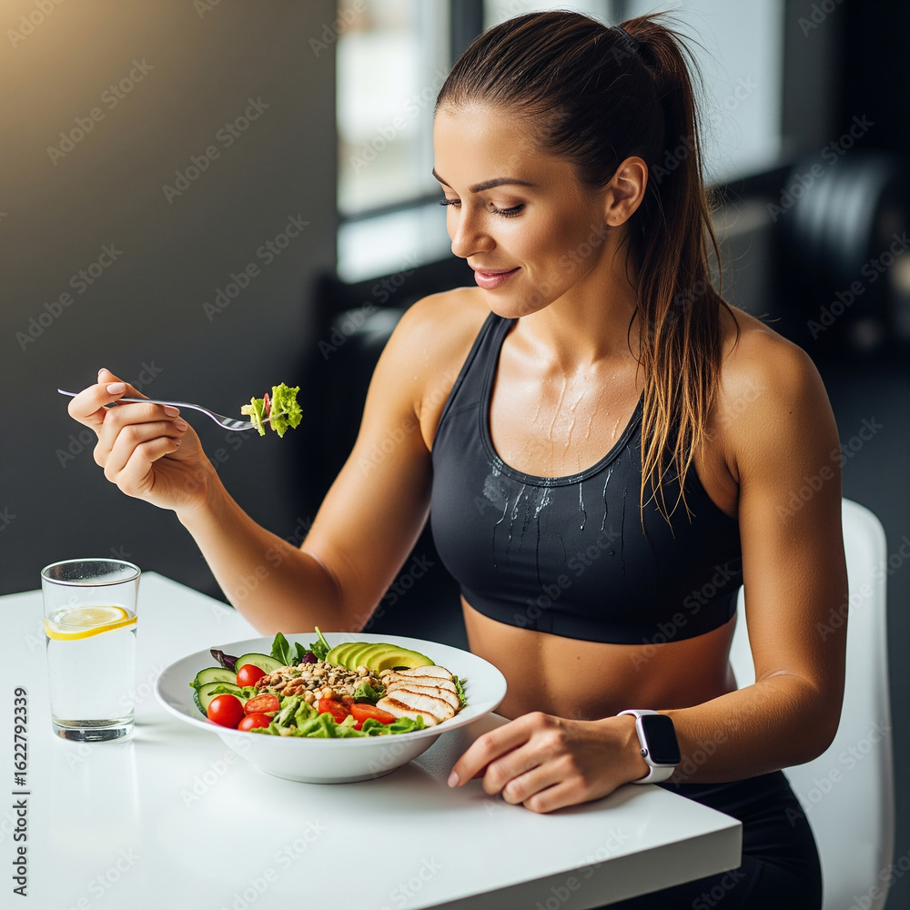 young woman eating fruit salad. Beautiful fit woman eating healthy salad after fitness workout. young woman eating fruit salad. Beautiful fit woman eating healthy salad after fitness workout.