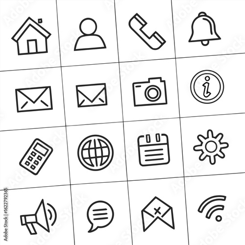 Outline Icon Set With Grid Layout Featuring Home, Person, Phone, Bell, Mail, Camera, Info, Calculator, Globe, Calendar, Gear, Megaphone, Chat, Wifi