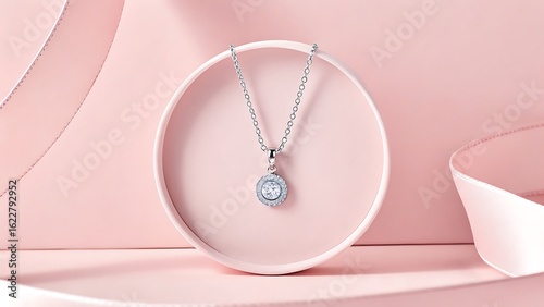 Elegant hamsa hand necklace with diamonds on a pink pedestal