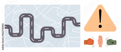 Wavy road over map highlighting obstacles, triangular warning sign, boxing gloves, and hand gesture showing caution, risk, decision-making, planning, conflict strategy and navigation. A simple flat