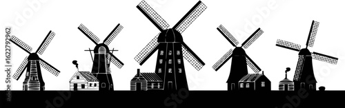 Black and white illustration of traditional windmills and houses rural