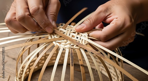 A skilled artisan's hands carefully weaving a traditional bamboo basket, showcasing the intricate process of handmade wickerwork.