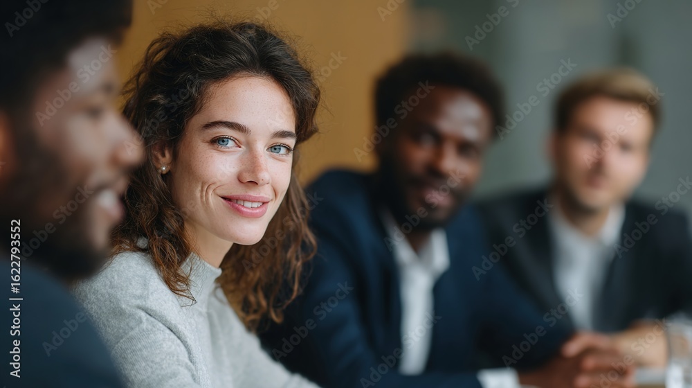 Obraz premium Focusing Face in Meeting: A close-up view of a beautiful woman smiling confidently during a work meeting, surrounded by colleagues in a modern office, embodying success and collaborative spirit.
