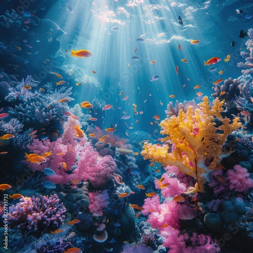 A breathtaking underwater shot of a coral reef with soft pastel-colored corals and fish swimming in harmony.