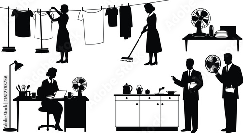 Silhouette of people doing home chores, office work, cooking, cleaning, drying clothes, using fan, daily routine vector illustration